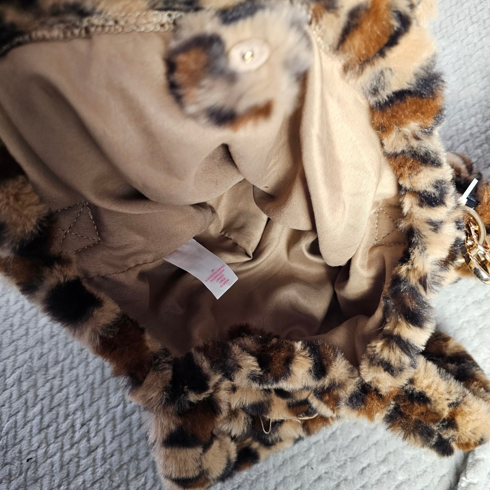 Leopard Print Faux Fur Mini Bag Y2K Shoulder Handbag Scrunchie Strap w Keychain - Picture 2 of 5